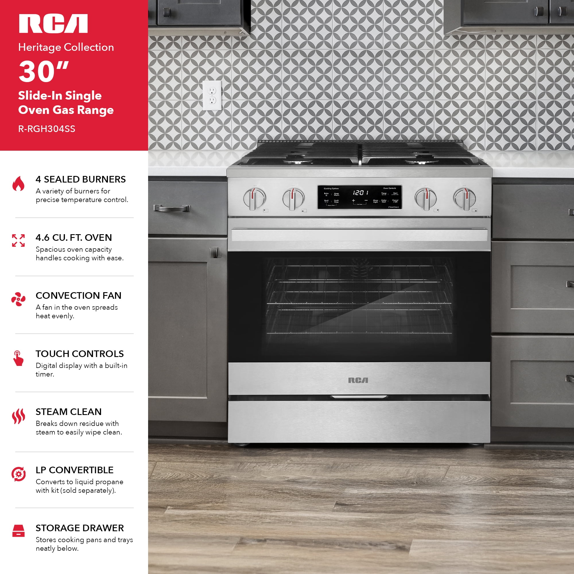 30 in. Heritage Collection 4.6 cu. ft. Gas Range with 4 Sealed Burners and Convection Oven in Stainless Steel