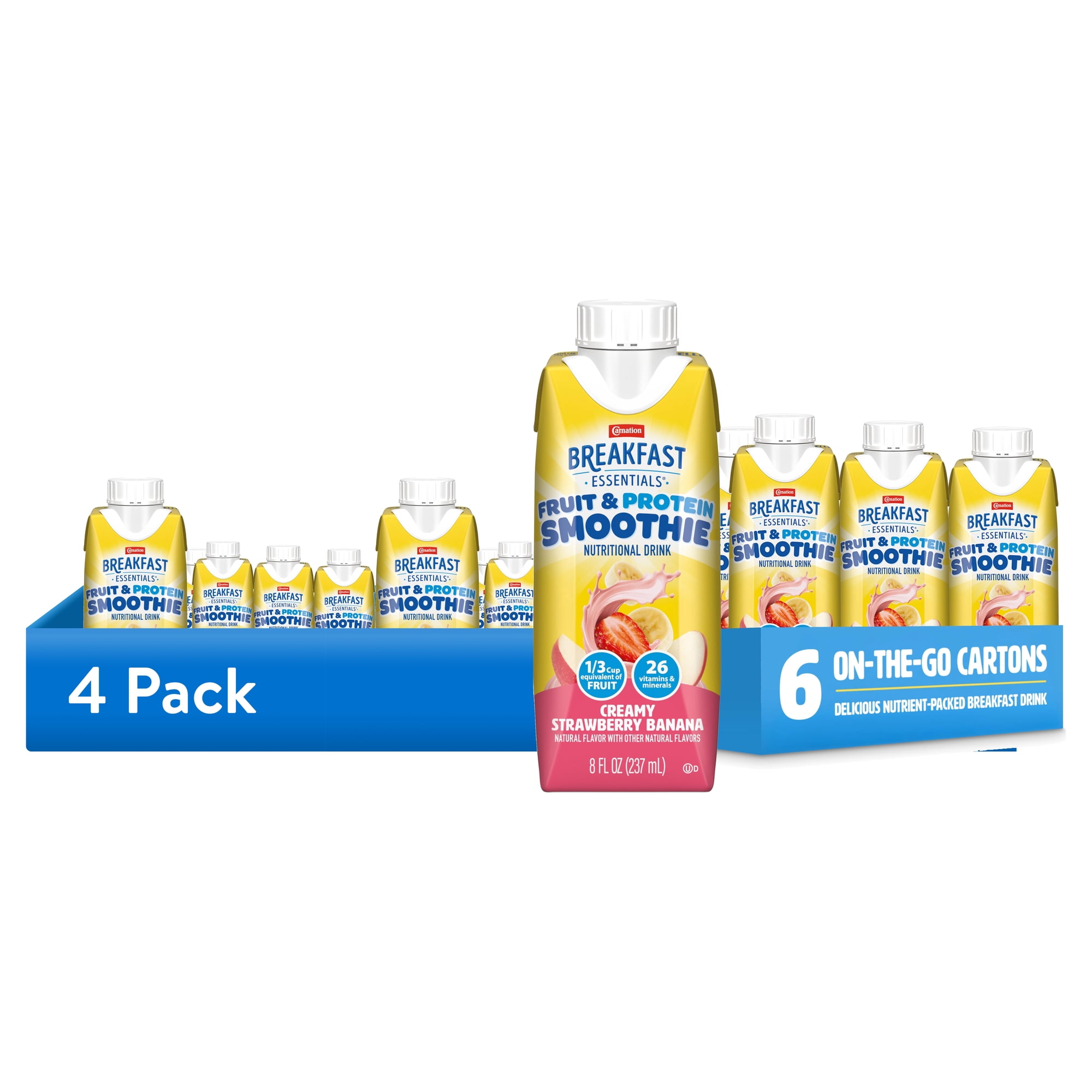 (4 pack) Carnation Breakfast Essentials Fruit and Protein Smoothie, Creamy Strawberry Banana, 8 fl oz, 6 Pack