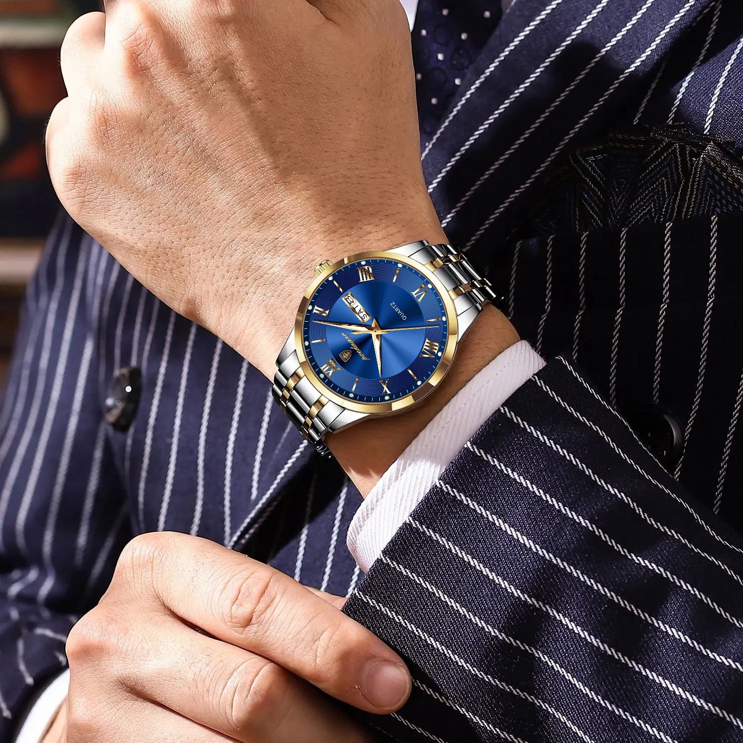 POEDAGAR Fashion Stainless Steel Men's Quartz Watches Waterproof Luminous Week Date Sports Man Wrist Watch