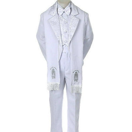

BABY TODDLER BOY Formal TAIL TUXEDO Silver Embroidery Stole WHITE S-7 (0M-7yr)