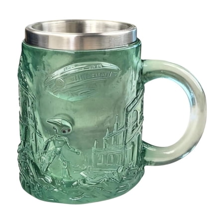 Alien Spaceship Pattern Design Stainless 3D Steel Tumbler with Handle Science Fiction Themed Cups Reusable Coffee or Beer Mug (Green)