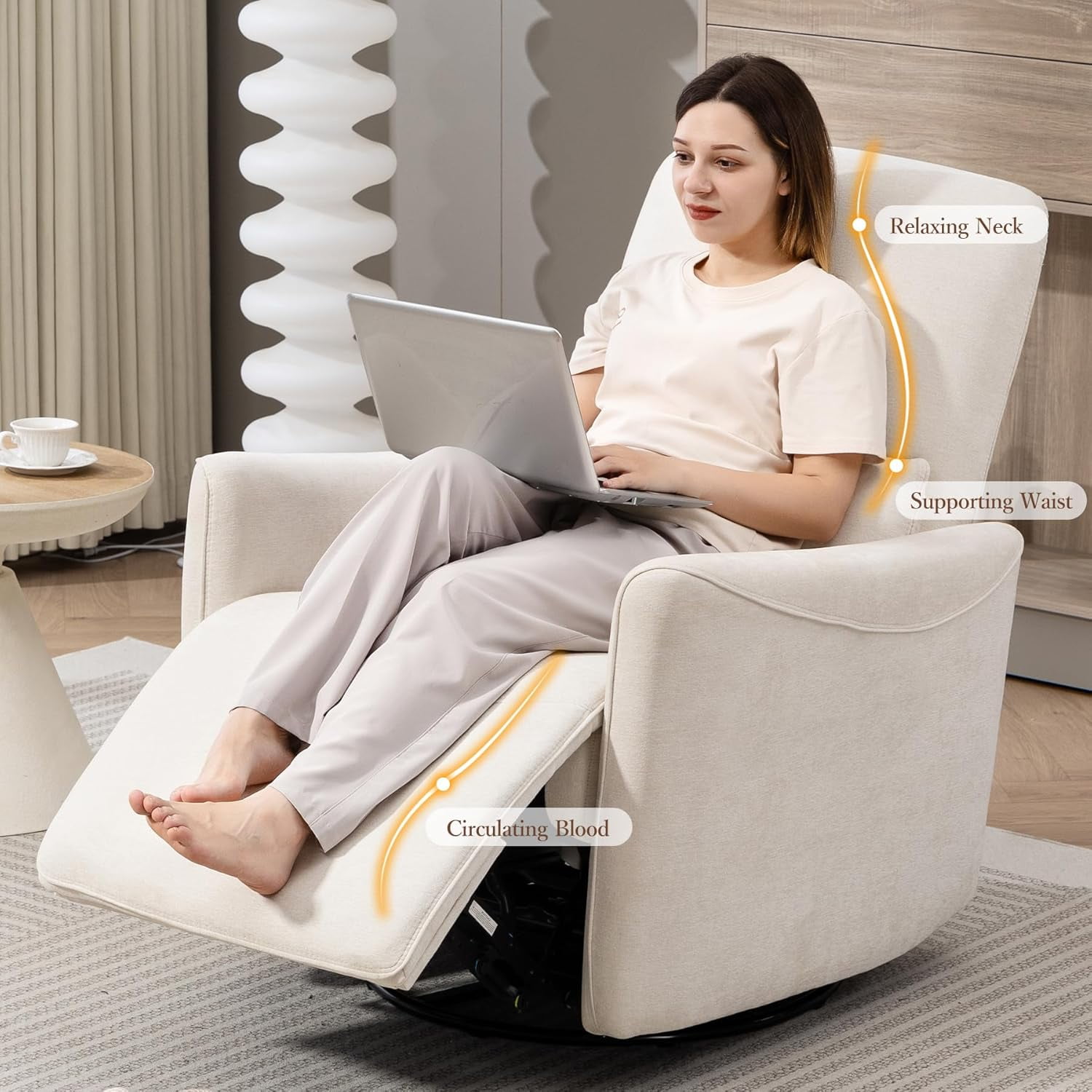 Power Swivel Recliner Chair, Upholstered Fabric Glider Electric Rocking Chair for Adults. Nursery Rocker Single Sofa with Lumbar Support for Living Room. Dual-port Charging: Type-C&USB, Beige