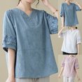 thumbnail image 1 of Fiudx Ofertas de La Semana Camisa/Camisa de Manga Corta con Cuello En V y Botones de Lino y Algodón de Color Liso para Mujer, 1 of 5