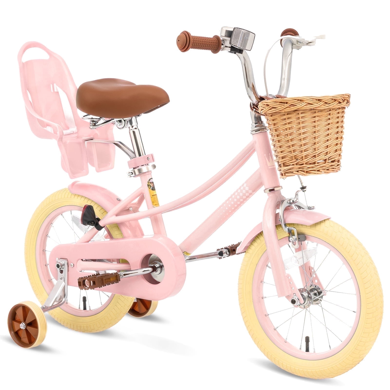 XJD 14 inch Girls Bike for Kids 4-8 Years Old, Children Bike with Training Wheels, Doll Seat, Streamers and Basket, Toddler Girls Bike, Pink