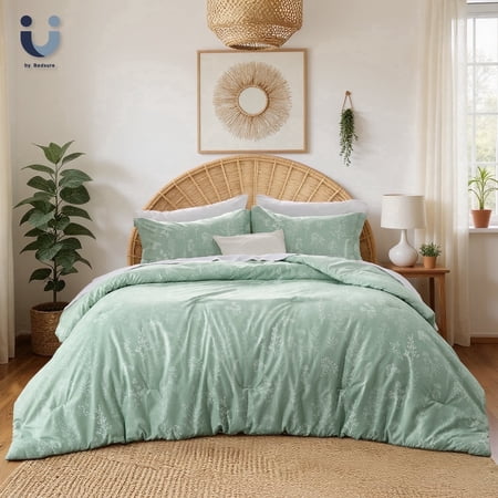 3 pieces sage green floral comforter sets, 1 soft reversible botanical flowers comforter and 2 pillow shams, king size bedding set