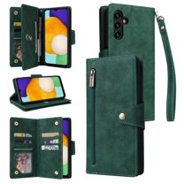 Feishell for Samsung Galaxy A13 5G Wallet Case with Wrist Strap,Premium PU Leather Zipper Pocket Magnetic Buckle Folio Flip ID Credit Card Slots Shockproof Kickstand Phone Case for Women Men,Green