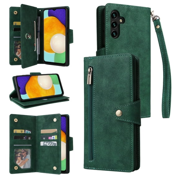 Feishell for Samsung Galaxy A13 5G Wallet Case with Wrist Strap,Premium PU Leather Zipper Pocket Magnetic Buckle Folio Flip ID Credit Card Slots Shockproof Kickstand Phone Case for Women Men,Green