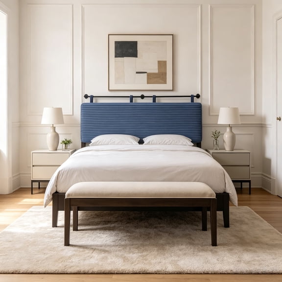 Queen Headboard Only, Wall Mounted Hanging Upholstered, Modern Vertical Channel Design of Fine Flannel, Elegant Dark Blue Fluted, Queen Size