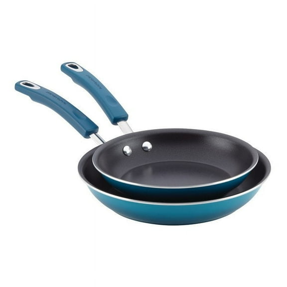 Rachael Ray 2-Piece Classic Brights Hard Enamel Aluminum Nonstick Set Frying Pan Set, Marine Blue