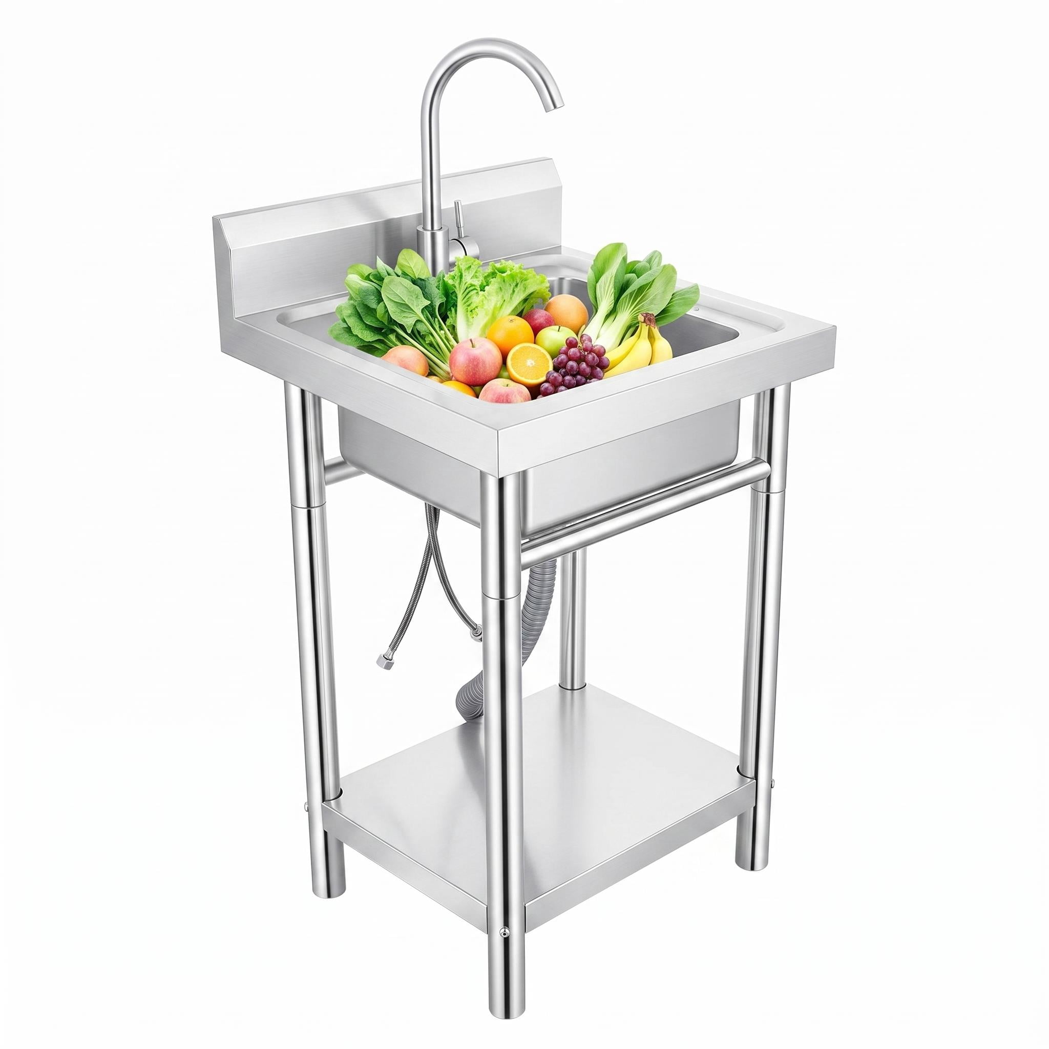 Freestanding Stainless Steel Single Bowl Laundry Sink, Brushed Finish Deep Basin with Backsplash, Hot Cold Water Faucet and Storage Shelf, Heavy Duty for Laundry Room and Garage Use
