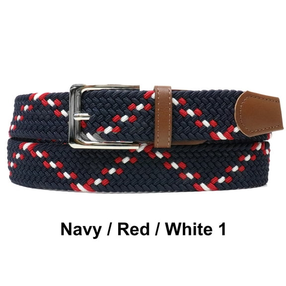 Navy Red White 1 Basket Weave Nylon Woven Elastic Stretch Belt with Belt Buckle