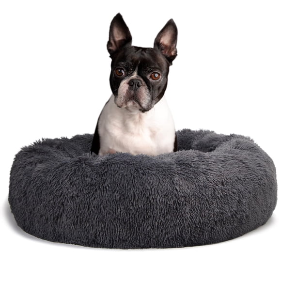 Round Calming Dog Beds for Medium Dogs 30 Inches Anti-Slip Donut Washable Plush Faux Fur Pet Bed fits up to 45 lbs Pets,Dark Gray