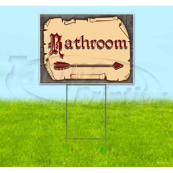 Medieval Fair Bathroom Right Arrow Red Scroll (18" x 24") Yard Sign, Includes Metal Step Stake