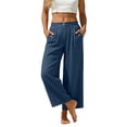 thumbnail image 5 of Miluxas Womens Solid Wide Leg Ankle Pants Elastic High Waisted Straight Leg Cropped Pants with Pockets Work office Dressy Trousers Streetwear Blue, 5 of 8