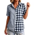thumbnail image 6 of Button Down Shirts for Women Collared Shirt Short Sleeve Plaid Stripe Patchwor Linen Summer Tops, 6 of 6