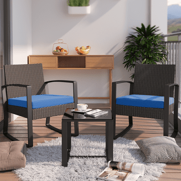 3 Pieces Patio Furniture Set with Wicker Rocking Chairs and Tempered Glass Table for Outdoor in Blue