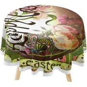 SKYSONIC Vintage Eggs Round Tablecloth 60inch Indoor Wrinkle Free, Happy Easter Circular Lace Table Cover Washable for Kitchen Party BBQ Dining Decor