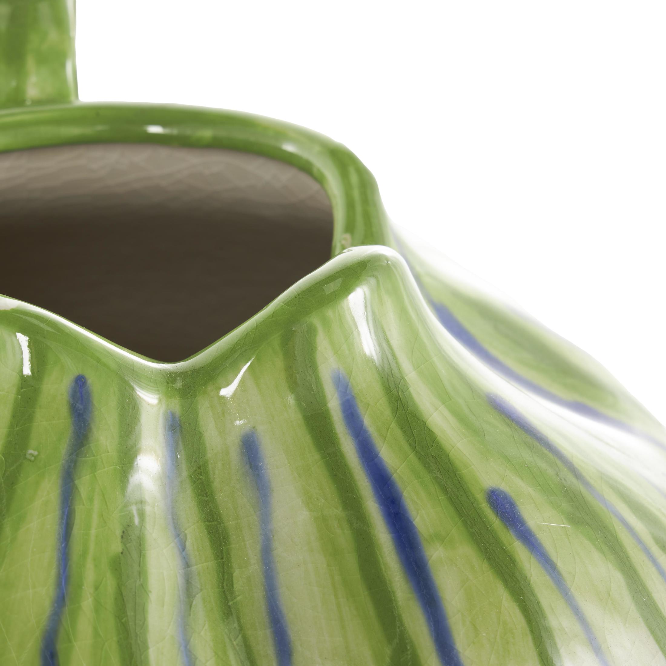 DecMode 11" Abstract White Ceramic Vase with Green and Blue Drip Design and Handles