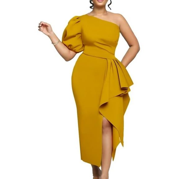 Women's Sexy One Shoulder Ruffle Midi Party Dress Party Long Evening Dress