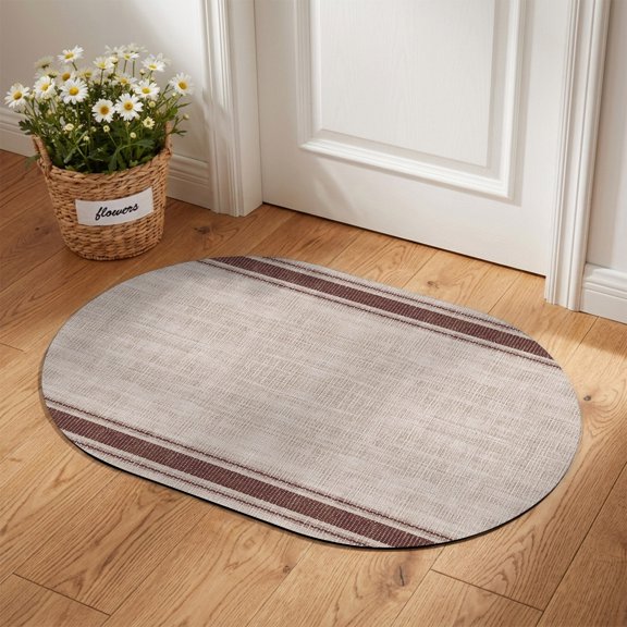 Horizontal Stripe Diatomaceous Earth Bath Mat, Rustic Brown Parallel Lines Beige Linen Texture Oval Non-Slip Quick Dry Door Mat Super Absorbent Bath Rug for Bathroom Kitchen Laundry 18x30in
