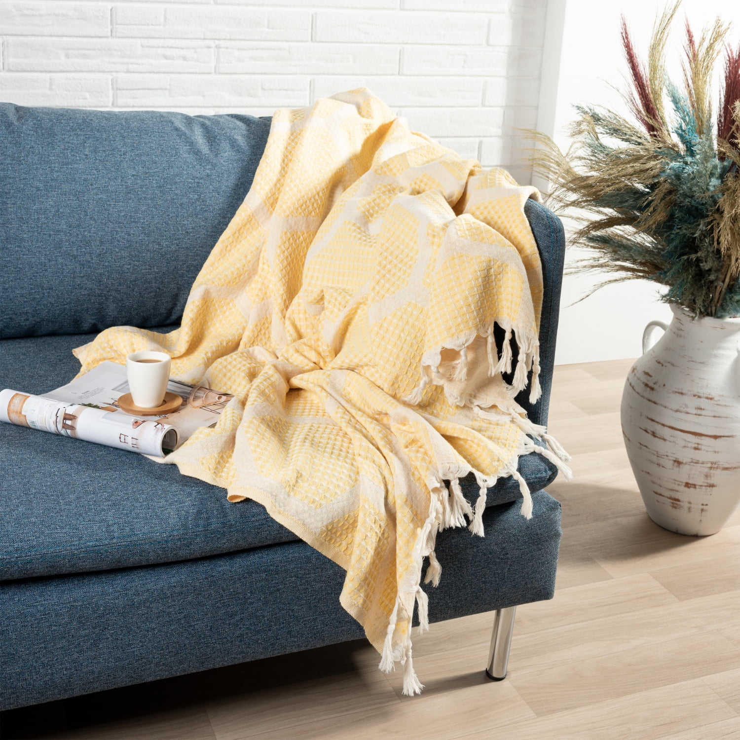 Ox Bay Yellow Honeycomb Hexagon Ultra-Soft Turkish Cotton Adult Throw Blanket, 50" x 60'