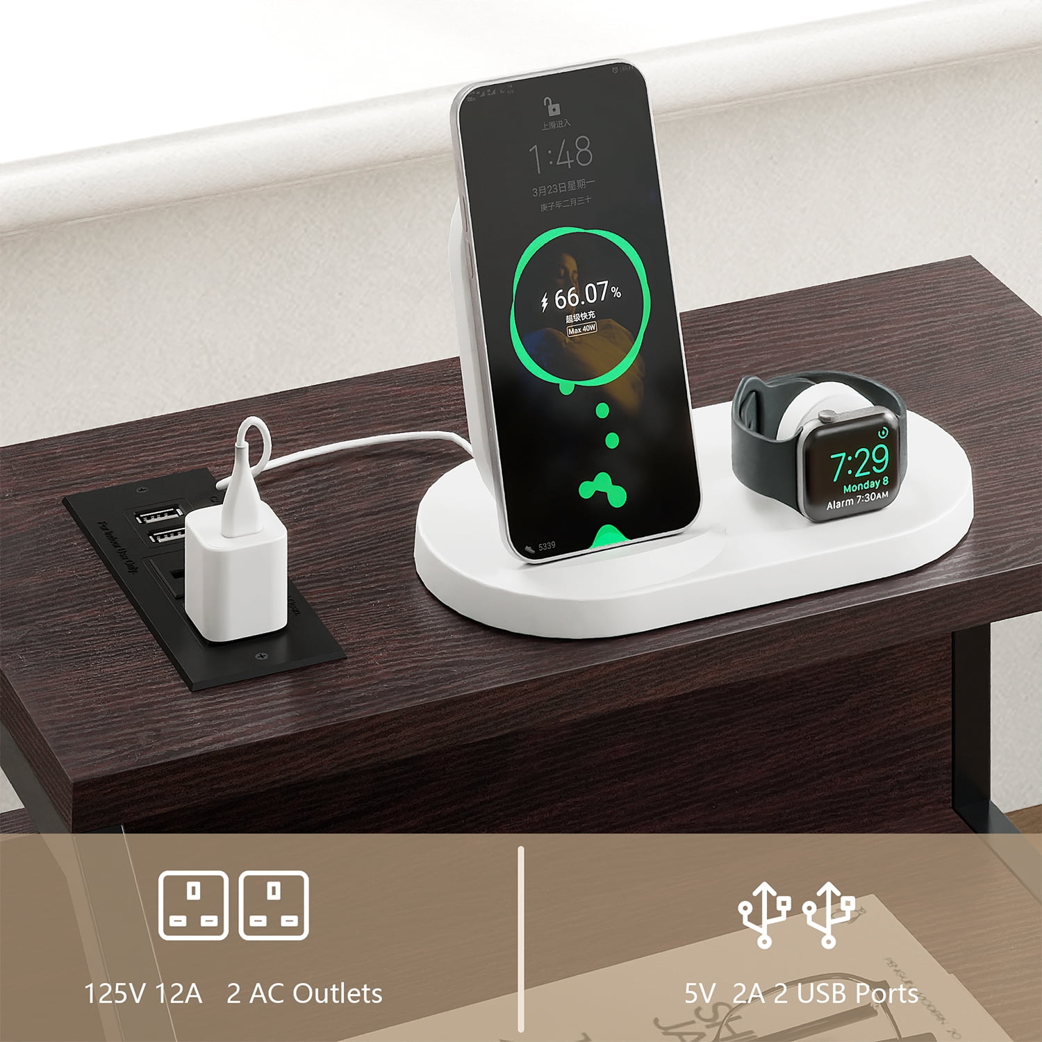 GUNAITO Led Nightstand Set of 2 with Charging Station Side Table with 3 Drawers End Table with Open Shelf Bedside Table with USB Ports and Outlets Nightstand for Bedroom,Brown
