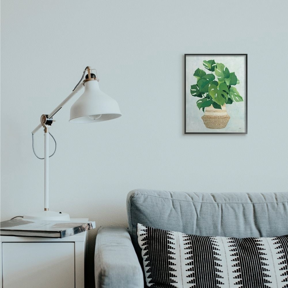 Stupell Industries Monstera Plant Basket Green Leaf Minimal Painting Black Framed Art Print Wall Art, 24x30, by Julia Purinton