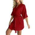 thumbnail image 2 of Women's Short Robe Silky Satin Pure Color Bathrobe Bridesmaid Bride Party Kimono V-Neck Sleepwear with Pockets Red M, 2 of 4