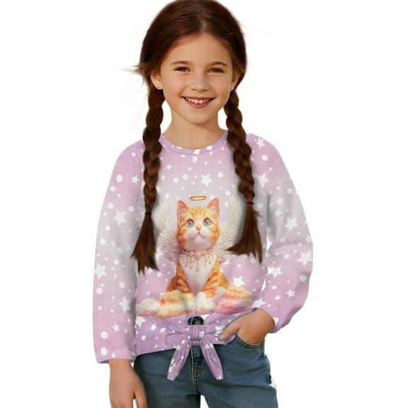 Xixirimido Cat Stars Pattern Girls Long Sleeve Shirts Casual T-shirt Loose Fit Tunic Tops Crewneck Tie-hem Blouse Tees for Fall Winter, Size 5-6