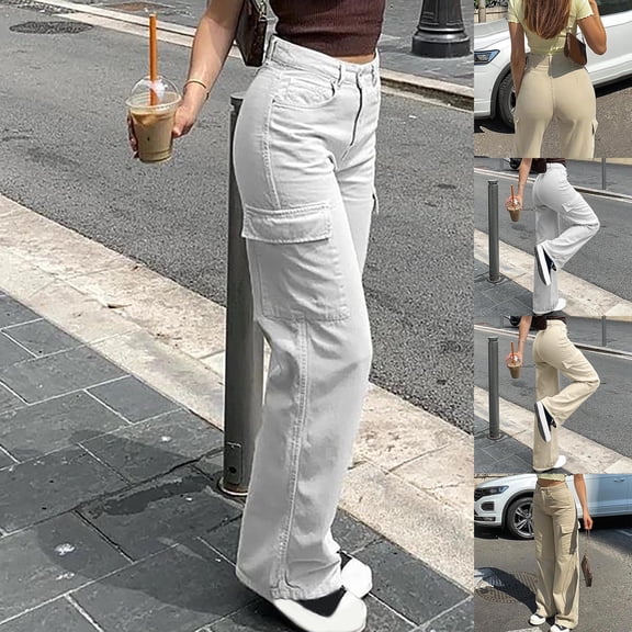 Women's Straight Leg Jeans Pants Trousers Bottoms Button Fly Zipper Casual Solid Color Stretchy Comfy Daily Wear for Spring Summer Office Work Travel Essentials | Aestivo,Khaki L