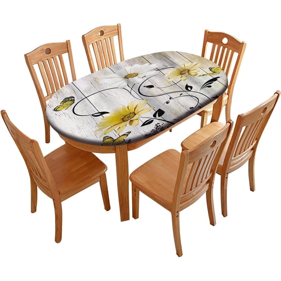 Yellow Flowers Oval Fitted Tablecloths, Floral White Daisy Black Leaves Boho Butterfly Sunflower Polyester Wrinkle Resistant Fitted Table Cover Festival Decor, 48*68(Oval)
