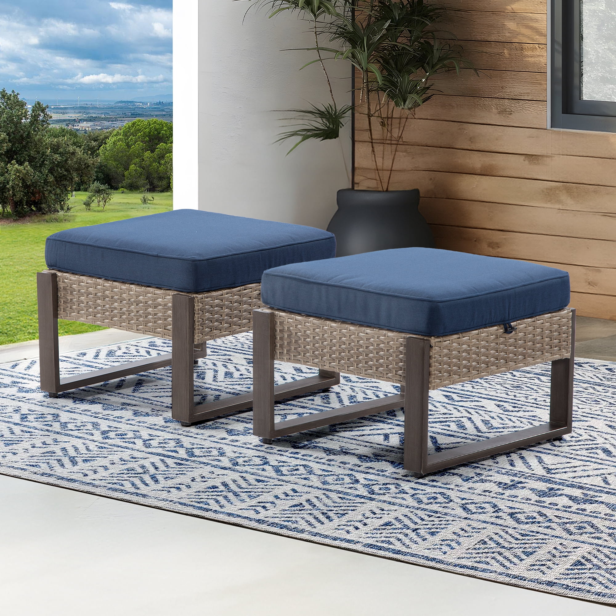 Meetleisure 2-Piece Outdoor PE Rattan Ottomans with Removable Cushions, Navy