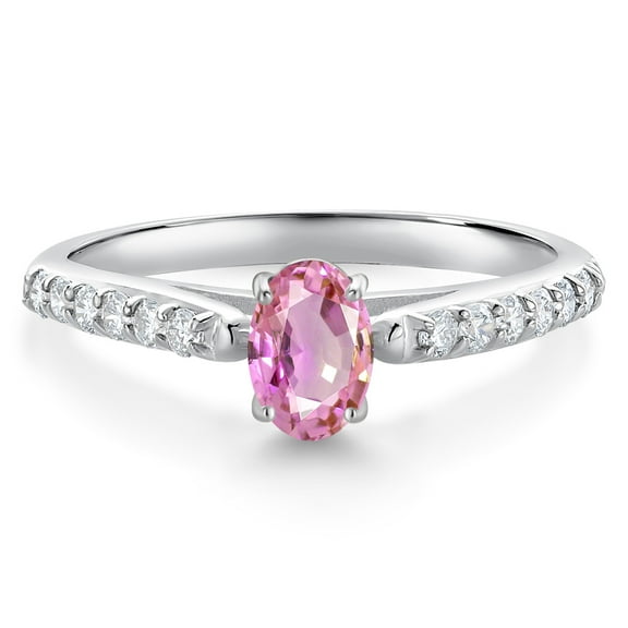 Gem Stone King 10K White Gold Pink Sapphire and White Lab Grown Diamond Engagement Ring for Women (0.78 Cttw, Oval 6X4MM, Gemstone September Birthstone, Size 7)