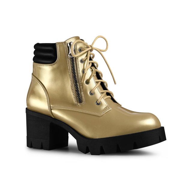 Unique Bargains Women's Lace Up Platform Chunky Heel Combat Boots Gold (Size 9.5)