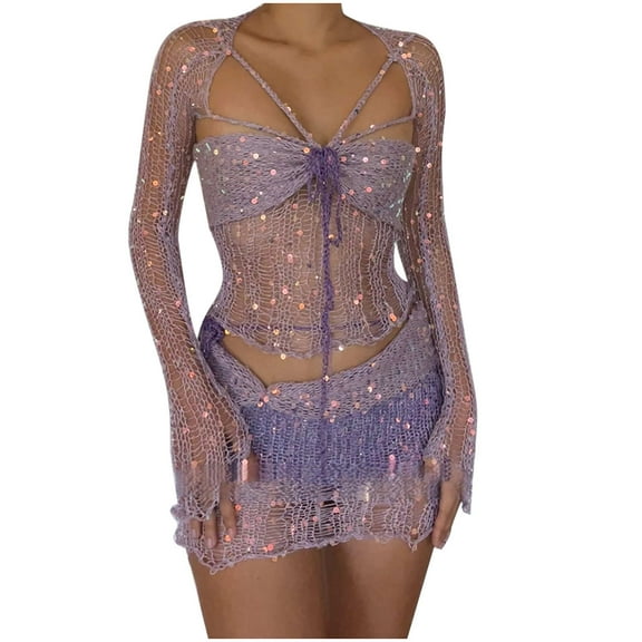 Posijego 2 Piece Outfit for Women Sequin Crochet Knit Long Sleeve Crop Top Mini Skirt Set Evening Clubwear