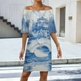 thumbnail image 2 of Blue Willow Chinoiserie Blue And White Women's Off The Shoulder Ruffles Summer Wedding Guest Loose Casual Party Beach Dress, 2 of 9