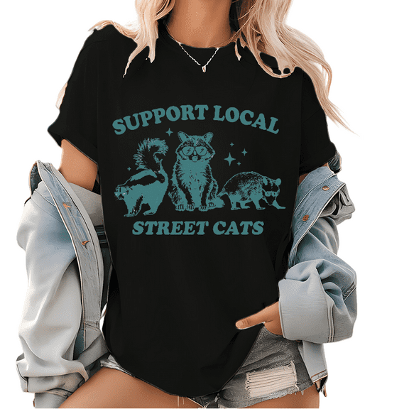 Support Local Street Cats Pattern Tee - Vintage Rescue Print Shirt, Unisex Animal Lover Tops, Soft Washed Cotton T-Shirt