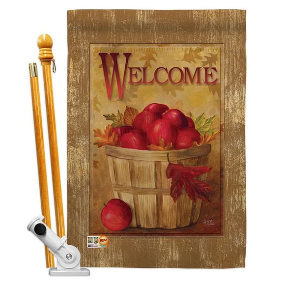 Breeze Decor BD-FT-HS-117042-IP-BO-D-US17-AM 28 x 40 in. Welcome Apple Basket Food Fruits Impressions Decorative Vertical Double Sided House Flag Set with Pole Bracket & Hardware