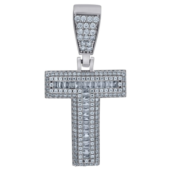 925 Sterling Silver Mens Baguette Cubic-Zirconia Initial Alphabet T Charm Pendant