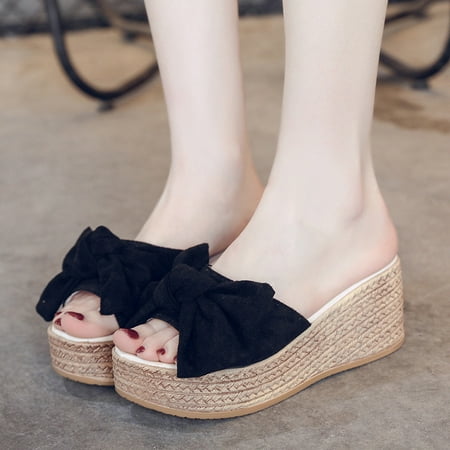 

HAOTAGS Womens s Casual Walking Sandals High Heel Platform Bowknot Summer Wedge Sandals Black Size 8.5