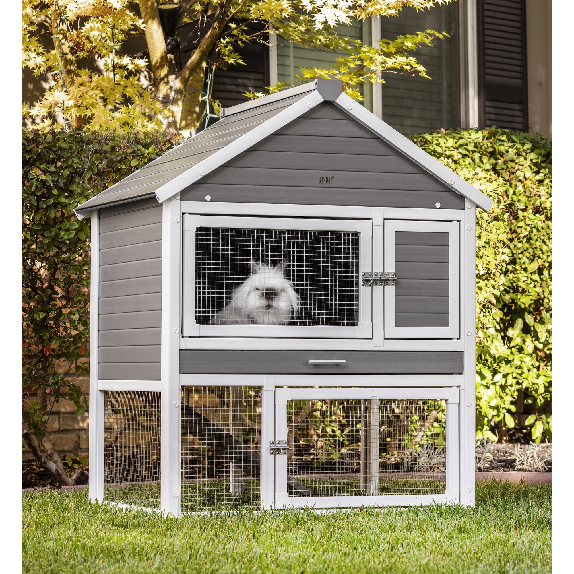 New Age Pet® ECOFLEX® Huntington Two-Level Rabbit Hutch, Grey - Durable, Non-Toxic Composite, Moisture Resistant, Easy Assembly, Includes Pull Out Tray for Easy Cleaning, Ideal for Indoor/Outdoor Use