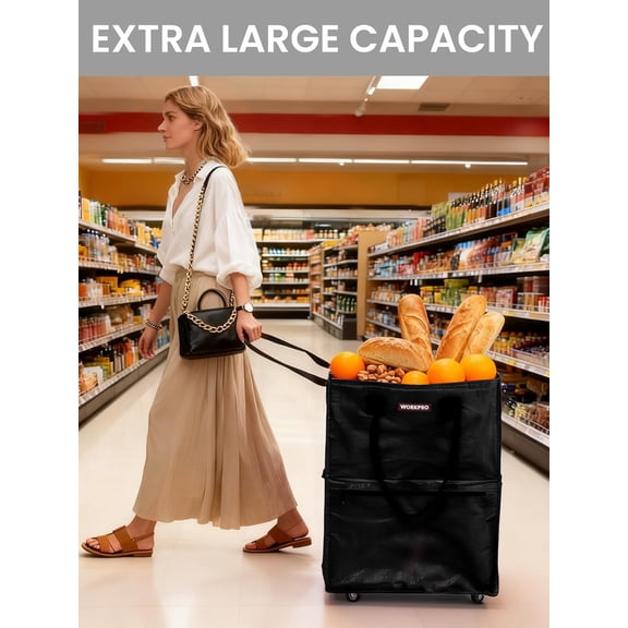 Medium Reusable Grocery Bag on Wheels Heavy Duty Rolling Shopping Tote with Handle Folding Trolley for Groceries Laundry Camping Moving