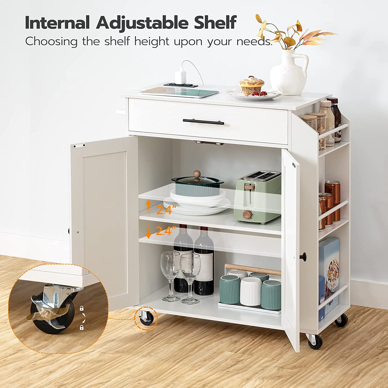 HOOBRO Rolling Kitchen Island with Power Outlet, Spice Rack & Drawer, White