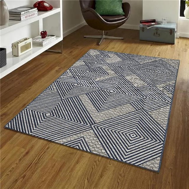 Tapis Rectangulaire Moderne 5 Pi. 2 Po. x 7 Pi. Bleu Marine & Gris Clair Motifs Géométriques