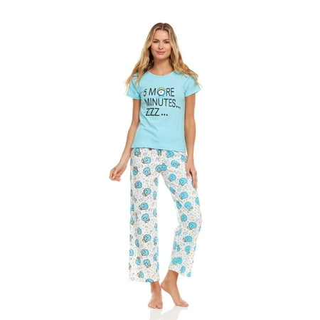 

Lati Fashion Women Pants Pajamas set 100% Cotton Short Sleeve Female Pajamas Set Blue Size Large