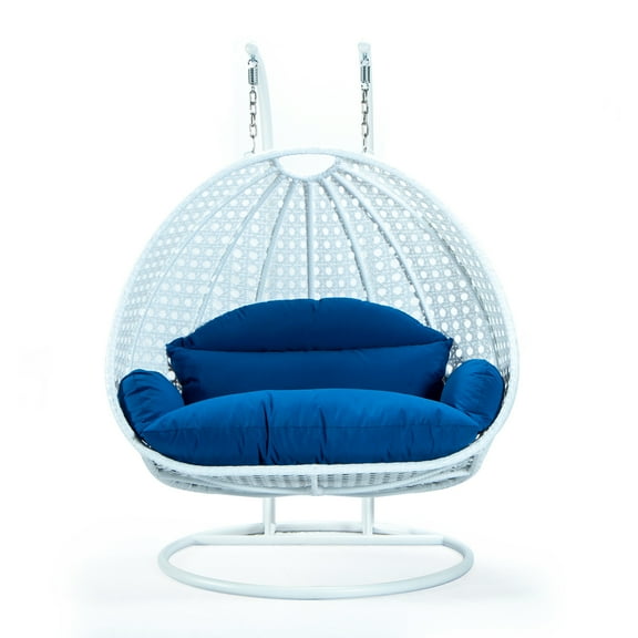 2 Person Hanging Egg Chair - Outdoor Wicker Swing Seat, Blue Patio Porch Furniture