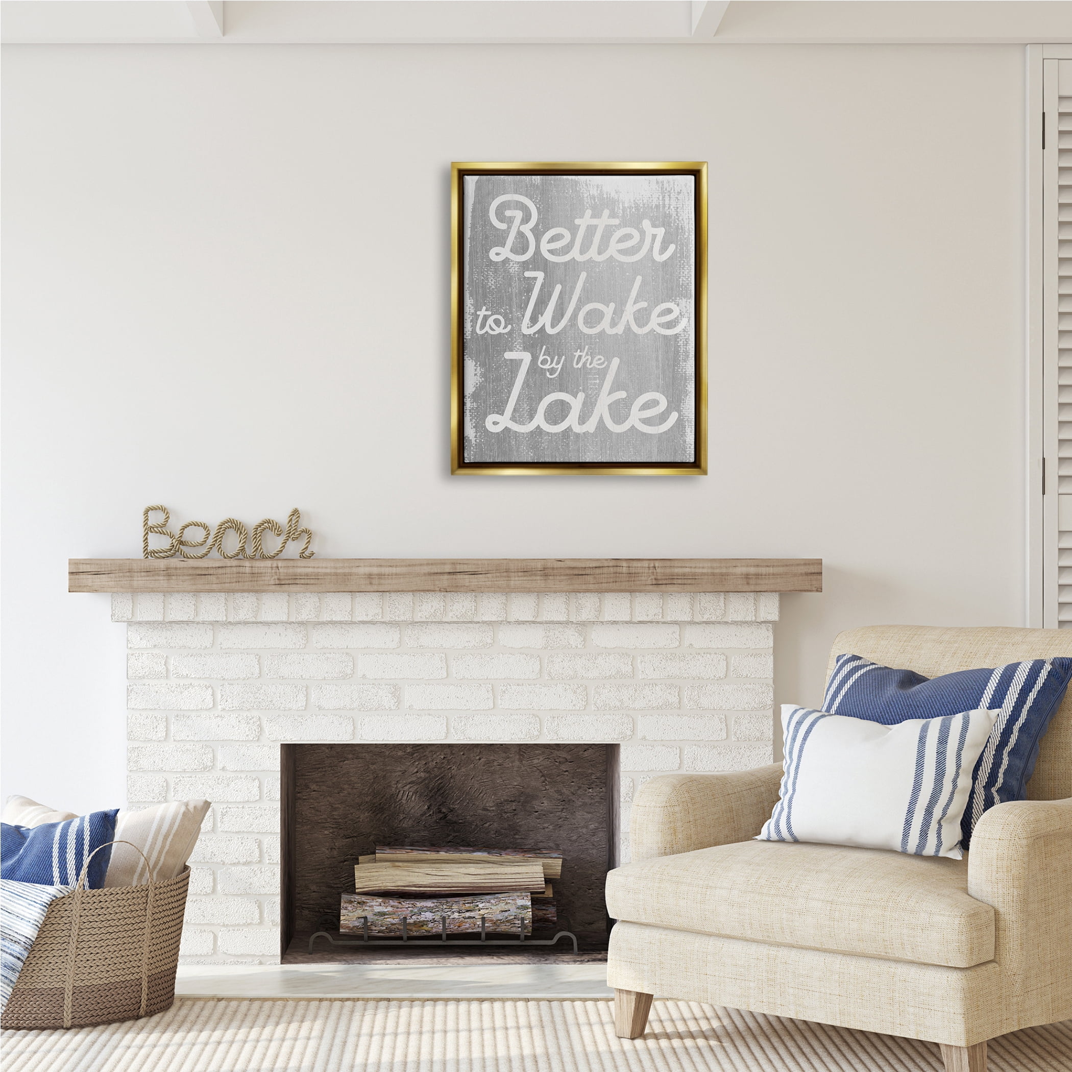 Stupell Industries Rustic Grey Lake Phrase Inspirational Painting Gold Floater Framed Art Print Wall Art, 25 x 31