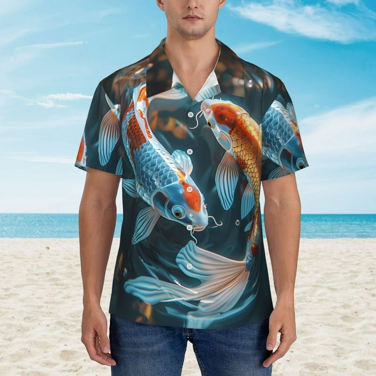 Gaeub Cute Koi Fish Serenity Print Men's Hawaiian Shirt,Button
