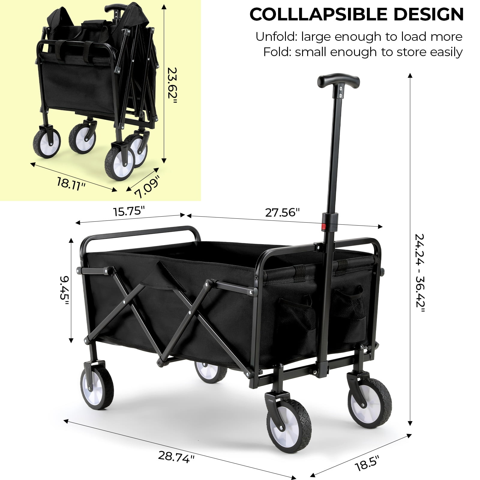 TLSUNNY Portable Utility Wagon Cart, Collapsible Wagon Cart 150 lbs Max Load, Lightweight Foldable Grocery Stroller, for Camping/Shopping/Garden/Sports
