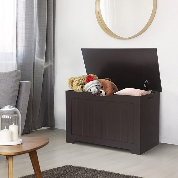 HomGarden Modern Wooden Storage Chest, 30 inches  Trunk with Flip Top Lid and 2 Safety Hinges, Sturdy Decorative Box Organizer for Entryway Playroom Bedroom Living Room (Brown)